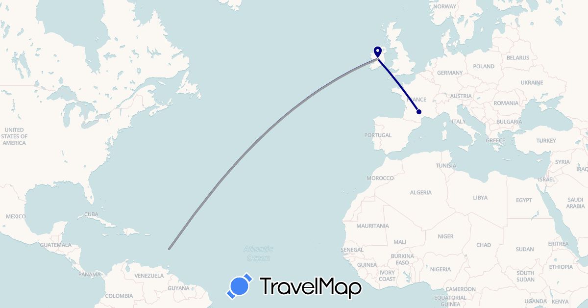TravelMap itinerary: driving, plane in France, Ireland, Martinique (Europe, North America)